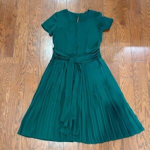 Vintage Donna Ricco Hunter Green Pleated Dress with Sash Belt and Slip Holiday